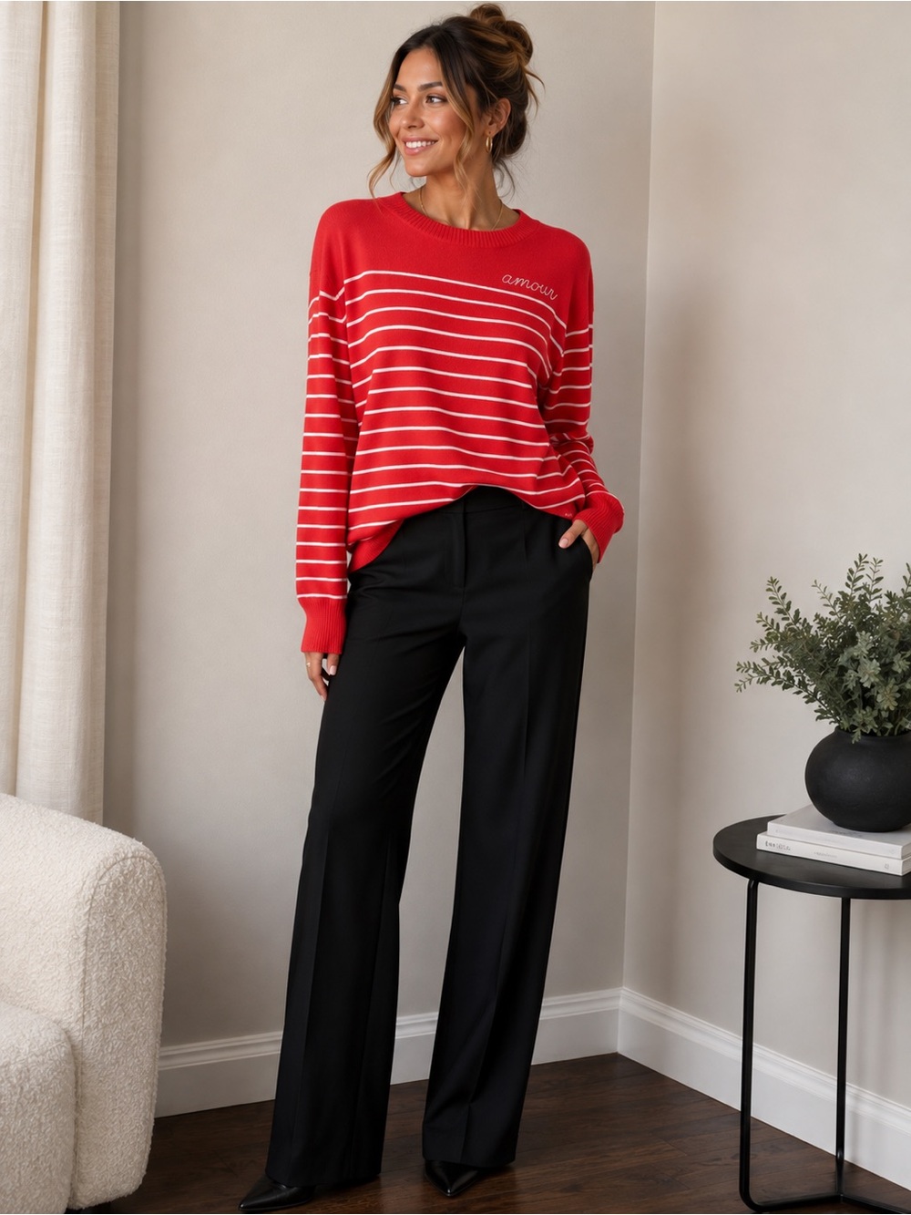 Red Striped Sweater with 'Amour' Embroidery Long Sleeve
